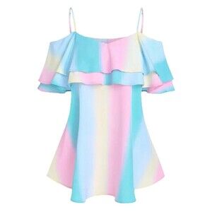 Dressfo Rainbow Stripe Ruffle Flutter Sleeve Top Womens Large Pastel